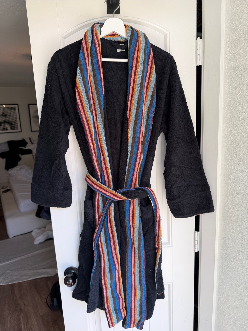 Paul Smith Black Robe with Multicolor Striped Trim